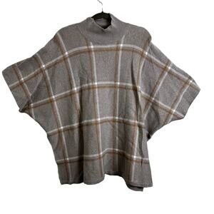 Max Studio Womens Poncho Cape Mock Neck Window Pane Plaid One Size Knit Pullover